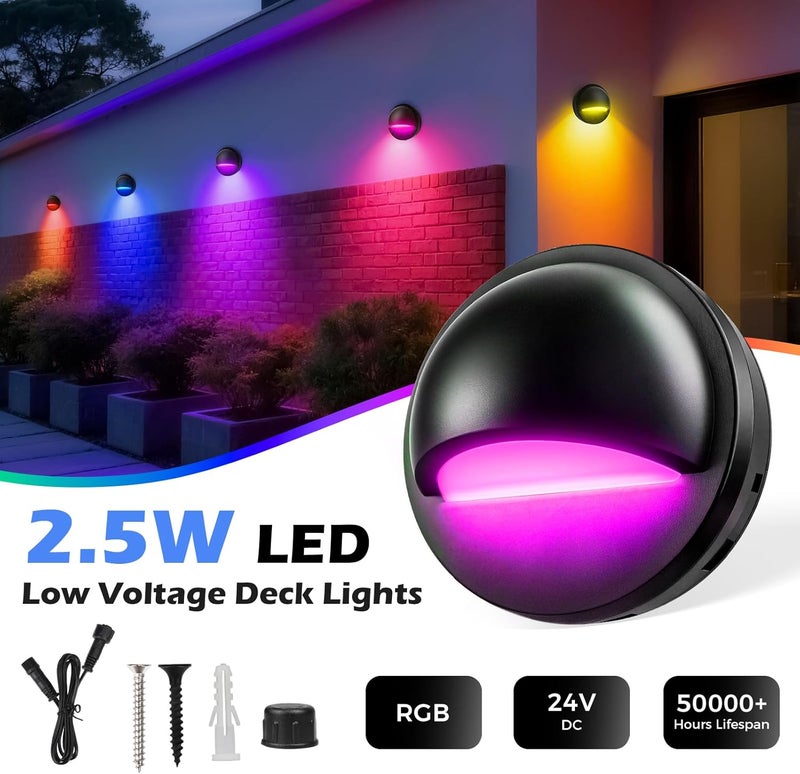 HOSITARK RGB Low Voltage LED Deck Lights Kit with Transformer Timer and Photocell Sensor, IP67 Waterproof Low Voltage Landscape Lighting, 12-24V Step Lights for Outdoor Walkway Stair Post Railing (6 Pack) - Image 5